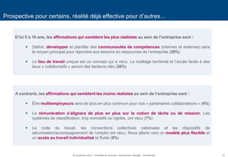10 
Prospective pour certains, réalité déjà effective pour d’autres… 
D’ici 5 à 10 ans, les affirmations qui semblent les plus réalistes au sein de l’entreprise sont : 
Définir, développer et planifier des communautés de compétences (internes et externes) sera le moyen principal pour répondre aux besoins en ressources de l’entreprise (29%) 
Le lieu de travail unique est un concept qui a vécu. Le maillage territorial et l’accès facile à des lieux « collaboratifs » seront des facteurs clés (26%) 
A contrario, les affirmations qui semblent les moins réalistes au sein de l’entreprise sont : 
Être multiemployeurs sera de plus en plus commun pour nos « partenaires collaborateurs » (4%) 
La rémunération s’alignera de plus en plus sur la notion de tâche ou de mission. Les systèmes de classification, trop normatifs ou rigides, ont vécu (7%) 
Le code du travail, les conventions collectives nationales et les dispositifs de sécurisation/accompagnement de l’emploi ont vécu. Nous allons vers un modèle plus flexible et un accès au travail individualisé et fluide (8%) 
26 novembre 2014 - Propriété de Solucom, reproduction interdite - Confidentiel  