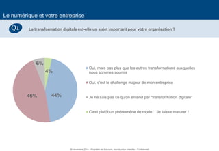 15 
Le numérique et votre entreprise 
La transformation digitale est-elle un sujet important pour votre organisation ? 
Q1 
44% 
46% 
6% 
4% 
Oui, mais pas plus que les autres transformations auxquelles 
nous sommes soumis 
Oui, c'est le challenge majeur de mon entreprise 
Je ne sais pas ce qu'on entend par "transformation digitale" 
C'est plutôt un phénomène de mode... Je laisse maturer ! 
26 novembre 2014 - Propriété de Solucom, reproduction interdite - Confidentiel  