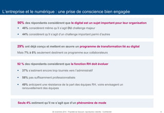 6 
L’entreprise et le numérique : une prise de conscience bien engagée 
90% des répondants considèrent que le digital est un sujet important pour leur organisation 
46% considèrent même qu’il s’agit DU challenge majeur 
44% considèrent qu’il s’agit d’un challenge important parmi d’autres 
29% ont déjà conçu et mettent en oeuvre un programme de transformation lié au digital 
Mais 7% à 8% seulement destinent ce programme aux collaborateurs 
Seuls 4% estiment qu’il ne s’agit que d’un phénomène de mode 
26 novembre 2014 - Propriété de Solucom, reproduction interdite - Confidentiel 
92 % des répondants considèrent que la fonction RH doit évoluer 
37% s’estiment encore trop tournés vers l’administratif 
58% pas suffisamment professionnalisés 
49% anticipent une résistance de la part des équipes RH, voire envisagent un renouvellement des équipes  