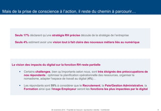 9 
Mais de la prise de conscience à l’action, il reste du chemin à parcourir… 
Seuls 17% déclarent qu’une stratégie RH précise découle de la stratégie de l’entreprise Seuls 4% estiment avoir une vision tout à fait claire des nouveaux métiers liés au numérique 
La vision des impacts du digital sur la fonction RH reste partielle 
Certains challenges, bien qu’importants selon nous, sont très éloignés des préoccupations de nos répondants : optimiser la planification opérationnelle des ressources, organiser le nomadisme, adapter l’espace de travail au digital (4%)… 
Les répondants sont 59% à considérer que le Recrutement, la Paie/Gestion Administrative, la Formation ainsi que l’Image Employeur seront les fonctions les plus impactées par le digital 
26 novembre 2014 - Propriété de Solucom, reproduction interdite - Confidentiel  