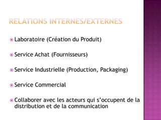  Laboratoire

(Création du Produit)

 Service

Achat (Fournisseurs)

 Service

Industrielle (Production, Packaging)

 Service

Commercial

 Collaborer

avec les acteurs qui s’occupent de la
distribution et de la communication

 