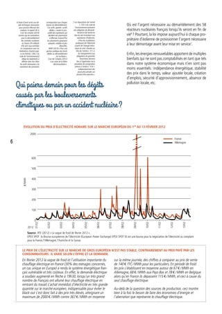 600
2000
400
500
300
200
100
0
01/02
05/02
09/02
03/02
07/02
11/02
02/02
06/02
10/02
04/02
08/02
12/02
13/02
2012
a/MWh
Qui paiera demain pour les dégâts
causés par les bouleversements
climatiques ou par un accident nucléaire ?
Où est l’argent nécessaire au démantèlement des 58
réacteurs nucléaires français lorsqu’ils seront en fin de
vie6
 ? Pourtant, la loi impose aujourd’hui à chaque pro-
priétaire d’éolienne de provisionner l’argent nécessaire
à leur démontage avant leur mise en service7
.
Enfin,les énergies renouvelables apportent de multiples
bienfaits qui ne sont pas comptabilisés en tant que tels
dans notre système économique mais n’en sont pas
moins essentiels : indépendance énergétique, stabilité
des prix dans le temps, valeur ajoutée locale, création
d’emplois, sécurité d’approvisionnement, absence de
pollution locale, etc.
6. Faute d’avoir accès aux dé-
tails techniques nécessaires
pour pouvoir effectuer des
analyses, le rapport de la
Cour de comptes (2014)
montre que les estimations
pour le démantèlement
des centrales nucléaires
en France (34 milliards
d’€) sont sous-estimées
en comparaison avec les
évaluations d’autres pays.
La loi (Article L.594-2 du
code de l’environnement)
oblige les exploitants à
affecter dans leur bilan
les actifs nécessaires à la
couverture des provisions
correspondant aux charges
futures du démantèlement.
Ces actifs, appelés « actifs
dédiés », restent la pro-
priété des exploitants qui
décident des placements
à effectuer.Aujourd’hui
ces placements paraissent
opaques, volatiles et peu
diversifiés.
WWF (2013) « Pour une
gestion publique des fonds
dédiés au démantèlement
du nucléaire ».
Cour de Comptes (2012)
« Les coûts de la filière
électronucléaire ».
7. Les dispositions de l’article
L. 553-3 du code de
l’environnement prévoient
une obligation de démantè-
lement et de remise en
état du site incombant aux
exploitants d’éoliennes.
« Pour les installations
produisant de l’électricité
à partir de l’énergie méca-
nique du vent, classées au
titre de l’article L. 511-2,
les manquements aux
obligations de garanties
financières donnent
lieu à l’application de la
procédure de consignation
prévue à l’article L. 514-1,
indépendamment des
poursuites pénales qui
peuvent être exercées ».
Évolution du prix d’électricité horaire sur le marché européen du 1er
au 13 février 2012
Le prix de l’électricité sur le marché de gros européen n’est pas stable, contrairement au prix payé par les
consommateurs : il varie selon l’offre et la demande.
En février 2012 la vague de froid et l’utilisation importante du
chauffage électrique en France (30% des ménages concernés,
un cas unique en Europe) a rendu le système énergétique fran-
çais vulnérable et très coûteux. En effet, la demande électrique
a soudain augmenté en flèche à 19h30, lorsqu’un très grand
nombre de Français ont allumé leur chauffage électrique en
rentrant du travail. L’achat immédiat d’électricité en très grande
quantité sur le marché européen, indispensable pour éviter le
black-out s’est donc fait à des prix très élevés, atteignant un
maximum de 2000 € / MWh contre 367 € / MWh en moyenne
sur la même journée, des chiffres à comparer au prix de vente
de 140 € TTC / MWh pour les particuliers. En période de froid
les prix s’établissent en moyenne autour de 67 € / MWh en
Allemagne, 68 € / MWh aux Pays-Bas et 78 € / MWh en Belgique
alors qu’en France ils dépassent 115 € / MWh, et ceci à cause du
seul chauffage électrique.
Au-delà de la question des sources de production, ceci montre
bien à la fois le besoin de faire des économies d’énergie et
l’aberration que représente le chauffage électrique.
Source : RTE (2012) « La vague de froid de février 2012 ».
EPEX SPOT : la Bourse européenne de l’électricité (European Power Exchange) EPEX SPOT SE est une bourse pour la négociation de l’électricité au comptant
pour la France, l’Allemagne, l’Autriche et la Suisse.
France
Allemagne6
 