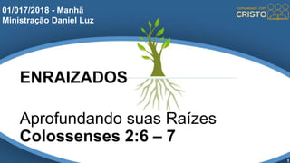 ENRAIZADOS
Aprofundando suas Raízes
Colossenses 2:6 – 7
1
01/017/2018 - Manhã
Ministração Daniel Luz
 