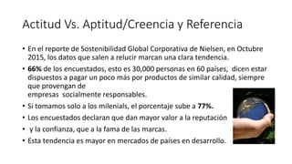 Actitud Vs. Aptitud/Creencia y Referencia
• En el reporte de Sostenibilidad Global Corporativa de Nielsen, en Octubre
2015, los datos que salen a relucir marcan una clara tendencia.
• 66% de los encuestados, esto es 30,000 personas en 60 países, dicen estar
dispuestos a pagar un poco más por productos de similar calidad, siempre
que provengan de
empresas socialmente responsables.
• Si tomamos solo a los milenials, el porcentaje sube a 77%.
• Los encuestados declaran que dan mayor valor a la reputación
• y la confianza, que a la fama de las marcas.
• Esta tendencia es mayor en mercados de países en desarrollo.
 