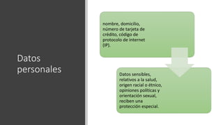Datos
personales
nombre, domicilio,
número de tarjeta de
crédito, código de
protocolo de internet
(IP).
Datos sensibles,
relativos a la salud,
origen racial o étnico,
opiniones políticas y
orientación sexual,
reciben una
protección especial.
 