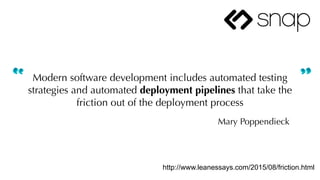 Modern software development includes automated testing
strategies and automated deployment pipelines that take the
friction out of the deployment process
Mary Poppendieck
http://www.leanessays.com/2015/08/friction.html
 