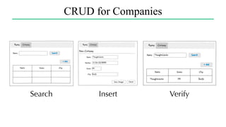 CRUD for Companies
Search Insert Verify
 
