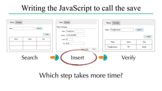 Writing the JavaScript to call the save
Search Insert Verify
Which step takes more time?
 