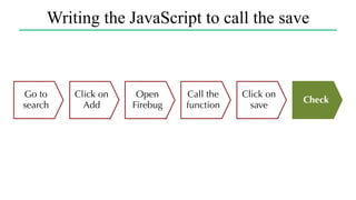 Writing the JavaScript to call the save
Go to
search
Check
Click on
Add
Open
Firebug
Call the
function
Click on
save
 