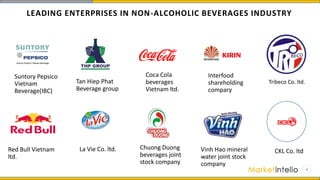 Suntory Pepsico
Vietnam
Beverage(IBC)
Tan Hiep Phat
Beverage group
Coca Cola
beverages
Vietnam ltd.
Interfood
shareholding
compary
Red Bull Vietnam
ltd.
La Vie Co. ltd. Chuong Duong
beverages joint
stock company
Vinh Hao mineral
water joint stock
company
CKL Co. ltd
LEADING ENTERPRISES IN NON-ALCOHOLIC BEVERAGES INDUSTRY
Tribeco Co. ltd.
 