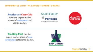 9
ENTERPRISES WITH THE LARGEST MARKET SHARES
Pepsico and Coca-Cola
have the largest market
shares of carbonated soft
drinks market.
Tan Hiep Phat has the
largest market share of non-
carbonated soft drinks market.
 
