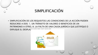 SIMPLIFICACIÓN
• SIMPLIFICACIÓN DE LOS REQUISITOS LAS CONDICIONES DE LA ACCIÓN PUEDEN
REDUCIRSE A DOS: 1. UN TRÁNSITO DE VALORES O BENEFICIOS DE UN
PATRIMONIO A OTRO, A. LA FALTA DE UNA CAUSA JURÍDICA QUE JUSTIFIQUE O
EXPLIQUE EL DESPLAZAMIENTO DE BIENES.
 