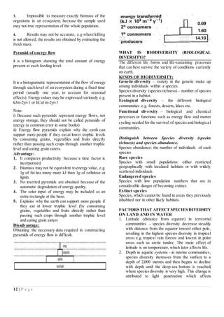 12 | P a g e
3. Impossible to measure exactly biomass of the
organisms in an ecosystem, because the sample used
may not true representation of the whole population.
4. Results may not be accurate, e.g where killing
is not allowed, the results are obtained by estimating the
fresh mass.
Pyramid of energy flow
it is a histogram showing the total amount of energy
present at each feeding level.
It is a histogramatic representation of the flow of energy
through each level of an ecosystem during a fixed time
period (usually one year, to account for seasonal
effects). Energy values may be expressed variously e.g.
kJm-2yr-1 or kCal m-2yr-1
Note:
i) Because such pyramids represent energy flows, not
energy storage, they should not be called pyramids of
energy (a common error in some books)
ii) Energy flow pyramids explain why the earth can
support more people if they eat at lower trophic levels
by consuming grains, vegetables and fruits directly
rather than passing such crops through another trophic
level and eating grain eaters.
Advantage:
1. It compares productivity because a time factor is
incorporated.
2. Biomass may not be equivalent to energy value, e.g.
1g of fat has many more kJ than 1g of cellulose or
lignin.
3. No inverted pyramids are obtained because of the
automatic degradation of energy quality.
4. The solar input of energy may be included as an
extra rectangle at the base.
5. Explains why the earth can support more people if
they eat at lower trophic level (by consuming
grains, vegetables and fruits directly rather than
passing such crops through another trophic level
and eating grain eaters
Disadvantage:
Obtaining the necessary data required in constructing
pyramids of energy flow is difficult.
WHAT IS BIODIVERSITY (BIOLOGICAL
DIVERSITY)?
The different life forms and life-sustaining processes
that can best survive the variety of conditions currently
on earth.
KINDS OF BIODIVERSITY:
Genetic diversity – variety in the genetic make up
among individuals within a species.
Species diversity (species richness) – number of species
present in a habitat.
Ecological diversity – the different biological
communities e.g. forests, deserts, lakes etc.
Functional diversity – biological and chemical
processes or functions such as energy flow and matter
cycling needed for the survival of speciesand biological
communities.
Distinguish between Species diversity (species
richness) and species abundance.
Species abundance: the number of individuals of each
species
Rare species
Species with small populations either restricted
geographically with localized habitats or with widely
scattered individuals.
Endangered species
Species with low population numbers that are in
considerable danger of becoming extinct.
Extinct species
Species, which cannot be found in areas they previously
inhabited nor in other likely habitats.
FACTORS THAT AFFECT SPECIES DIVERSITY
ON LAND AND IN WATER
1. Latitude (distance from equator) in terrestrial
communities – species diversity decrease steadily
with distance from the equator toward either pole,
resulting in the highest species diversity in tropical
areas e.g. tropical rain forests and lowest in polar
areas such as arctic tundra. The main effect of
latitude is on temperature, which later affects life.
2. Depth in aquatic systems - in marine communities,
species diversity increases from the surface to a
depth of 2,000 metres and then begins to decline
with depth until the deep-sea bottom is reached,
where species diversity is very high. This change is
attributed to light penetration which affects
 