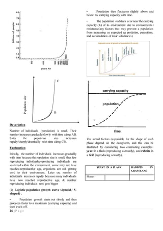 26 | P a g e
Description
Number of individuals (population) is small. Their
number increases gradually/slowly with time along AB.
Later the population size increases
rapidly/sharply/drastically with time along CB.
Explanation
Initially, the number of individuals increases gradually
with time because the population size is small, thus few
reproducing individuals,reproducing individuals are
scattered within the environment, some may not have
reached reproductive age, organisms are still getting
used to their environment. Later on, number of
individuals increases rapidly because many individuals
have now reached reproductive age, & number
reproducing individuals now gets bigger
(ii) Logistic population growth curve sigmoid / S-
shaped) .
• Population growth starts out slowly and then
proceeds faster to a maximum (carrying capacity) and
then levels off.
• Population then fluctuates slightly above and
below the carrying capacity with time.
• The population stabilizes at or near the carrying
capacity (K) of its environment due to environmental
resistance(any factors that may prevent a population
from increasing as expected eg predation, parasitism,
and accumulation of toxic substances)
The actual factors responsible for the shape of each
phase depend on the ecosystem, and this can be
illustrated by considering two contrasting examples:
yeast in a flask (reproducing asexually), and rabbits in
a field (reproducing sexually).
YEAST IN A FLASK RABBITS IN
GRASSLAND
Phases
C
B
 
