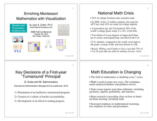 1                                                                                 3


        Enriching Montessori                                                              National Math Crisis
    Mathematics with Visualization                                                • 25% of college freshmen take remedial math.
                                                                                  • In 2009, of the 1.5 million students who took the
Handout and      by Joan A. Cotter, Ph.D.                                         ACT test, only 42% are ready for college algebra.
Presentation:     JoanCotter@ALabacus.com
                                                                                  • A generation ago, the US produced 30% of the
ALabacus.com                                                                      world’s college grads; today it’s 14%. (CSM 2006)
                   AMS Fall Conference
                      October 22, 2010
                     San Diego, California                                        • Two-thirds of 4-year degrees in Japan and China
                                                                                  are in science and engineering; one-third in the U.S.
                                         7                                        • U.S. students, compared to the world, score high at
                                                                                  4th grade, average at 8th, and near bottom at 12th.
                                     5       2
                                                                                  • Ready, Willing, and Unable to Serve says that 75% of
                                                 7x7
  VII                                                                             17 to 24 year-olds are unfit for military service. (2010)
                                                        © Joan A. Cotter, 2010                                                            © Joan A. Cotter, 2010




                                                                           2                                                                                 4



   Key Decisions of a First-year                                                  Math Education is Changing
      ‘Turnaround’ Principal                                                     • The field of mathematics is doubling every 7 years.
            D. Duke and M. Salmonowicz                                           • Math is used in many new ways. The workplace
                                                                                 needs analytical thinkers and problem solvers.
  Educational Administration Management & Leadership, 2010
                                                                                 • State exams require more than arithmetic: including
  1) Elimination of an ineffective instructional program.                        geometry, algebra, probability, and statistics.
  2) Creation of a culture of teacher accountability.                            • Brain research is providing clues on how to better
                                                                                 facilitate learning, including math.
  3) Development of an effective reading program.
                                                                                 • Increased emphasis on mathematical reasoning,
                                                                                 less emphasis on rules and procedures.

                                                        © Joan A. Cotter, 2010                                                            © Joan A. Cotter, 2010
 