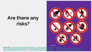 Are there any
risks?
Image credits: <https://openclipart.org/detail/10970/prohibition1> | <https://openclipart.org/detail/10972/prohibition2> |
<https://openclipart.org/detail/10974/prohibition3> | <https://openclipart.org/detail/10976/prohibition4> | <https://openclipart.org/detail/10978/fire-forbidden-sign> |
<https://openclipart.org/detail/10980/prohibition6> | <https://openclipart.org/detail/10982/prohibition7> | <https://openclipart.org/detail/10984/prohibition8>
 