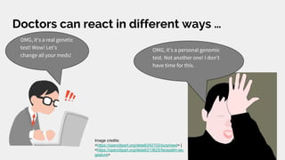 Doctors can react in different ways …
OMG, it’s a real genetic test!
Wow! Let’s change all your
meds!
OMG, it’s a
personal
genomic
test. Not
another
one! I
don’t have
time for
this.
OMG, it’s a real genetic
test! Wow! Let’s
change all your meds!
OMG, it’s a personal genomic
test. Not another one! I don’t
have time for this.
Image credits:
<https://openclipart.org/detail/242102/surprised> |
<https://openclipart.org/detail/213625/facepalm-as-
gesture>
 
