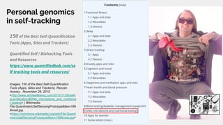 Personal genomics
in self-tracking
150 of the Best Self-Quantification
Tools (Apps, Sites and Trackers)
Quantified Self / Biohacking Tools
and Resources
https://www.quantifiedbob.com/se
lf-tracking-tools-and-resources/
Images: 150 of the Best Self-Quantification
Tools (Apps, Sites and Trackers). Rezzan
Hussey November 26, 2015.
<http://www.artofwellbeing.com/2015/11/26/self-
quantification/#DNA_microbiome_and_nutritiona
l_testing> | Wikimedia:
File:QuantimetricSelfSensingPrototypeMann199
6inset.jpg
<https://commons.wikimedia.org/wiki/File:Quanti
metricSelfSensingPrototypeMann1996inset.jpg>
 