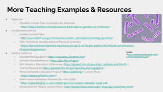More Teaching Examples & Resources
● Higher ed
○ 23andMe: A Fresh Take on Genetics for Freshmen
<https://blog.23andme.com/education/a-fresh-take-on-genetics-for-freshman/>
● Any educational level
○ Genetics Lesson Plans
<http://www.teach-nology.com/teachers/lesson_plans/science/biology/genetics/>
○ PBS: The Ethical Considerations of Personal Genomics
<https://dptv.pbslearningmedia.org/resource/cygc12.sci.life.gen.lpethics/the-ethical-considerations-
of-personal-genomics/>
● General resources
○ 23andMe for Education <https://education.23andme.org/>
○ Genetics Home Reference <https://ghr.nlm.nih.gov/>
○ NIH: Genetics, Education, & Discovery <https://geneed.nlm.nih.gov/topic_subtopic.php?tid=35> |
Teacher Resources <https://geneed.nlm.nih.gov/specialty.php?spageID=2>
○ Personal Genetics Education Project <https://pged.org/> | Lesson Plans
<https://pged.org/lesson-plans/>
○ Smithsonian Institution: Genome Educator Guide:
<https://naturalhistory.si.edu/exhibits/genome/Genome-Educator-Guide.pdf>
○ Virtual Genome Project: Lesson Plans: <http://people.ibest.uidaho.edu/~etop/vgp/lessonPlans.html>
Image:
<https://commons.wikimedia.org/wi
ki/File:Brokechromo.jpg>
 