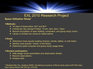 EXL 2010 Research Project
Space Utilization Study*

Methods:
    10 days of observation: M-F and M-F
    4 times per day (except Friday): 10 am, 2pm, 6pm, 10pm
    Record occupation of open seating, computers, and group study rooms
    Library is divided into zones for observations

Goals:
    Determine most popular seating choices: carrels, tables, or soft chairs
    Identify most popular “zones” in the library
    Determine peak computer and group study usage times

Student participation:
     Help design study parameters and observation sheets
     Record observations
     Analyze data


* Modeled after Xia, Jingfeng (2005). Visualizing occupancy of library study space with GIS maps.
New Library World 106: 5/6. pp. 219-233.
 
