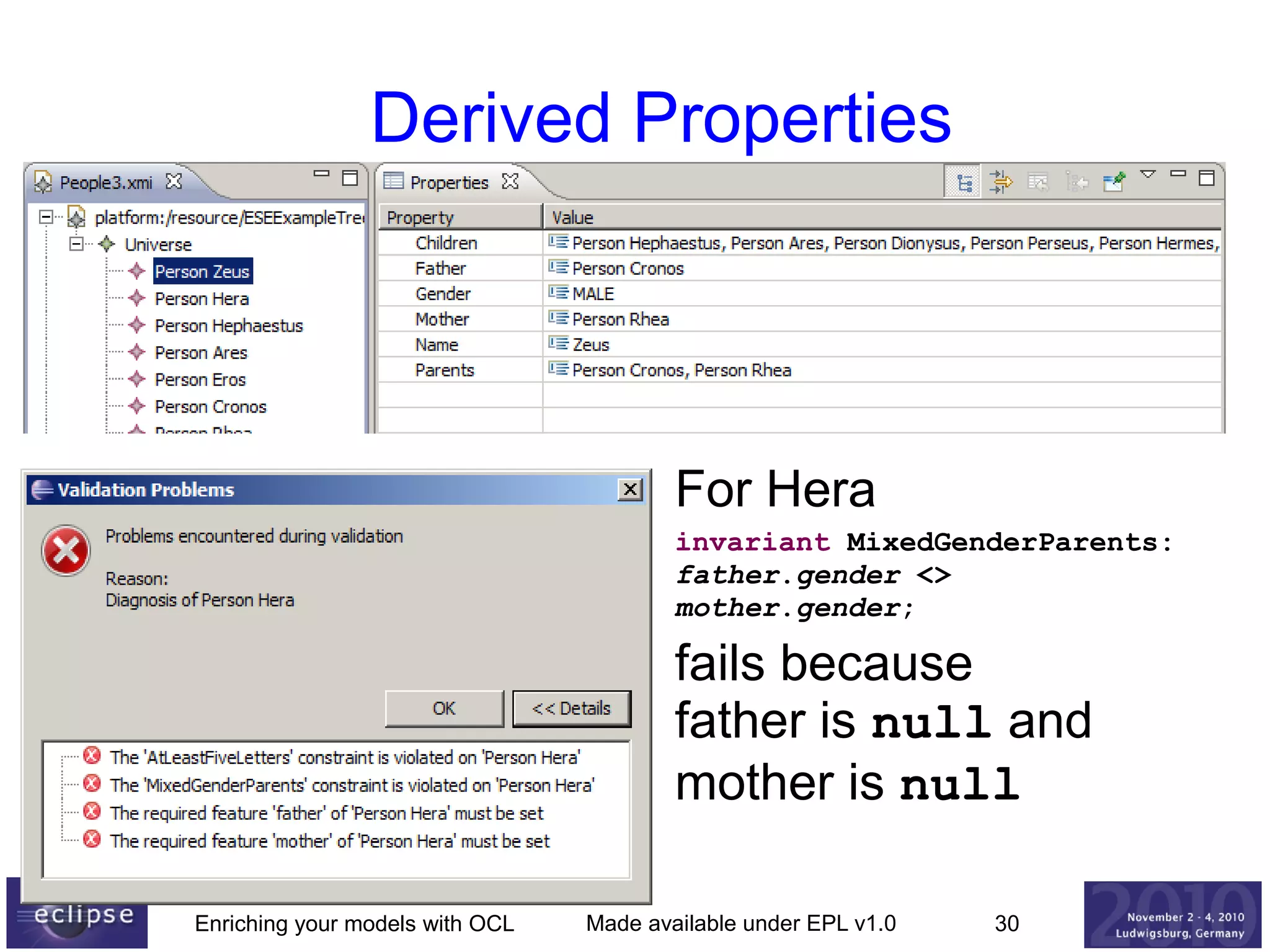 Derived Properties

For Hera
invariant MixedGenderParents:
father.gender <>
mother.gender;

fails because
father is null and
mother is null
Enriching your models with OCL

Made available under EPL v1.0

30

 