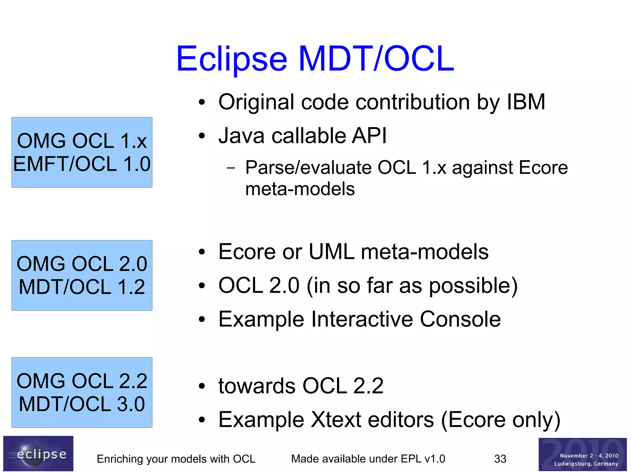 Eclipse MDT/OCL
●

OMG OCL 1.x
EMFT/OCL 1.0

Original code contribution by IBM

●

Java callable API
–

Parse/evaluate OCL 1.x against Ecore
meta-models

OMG OCL 2.2
MDT/OCL 3.0

Ecore or UML meta-models

●

OCL 2.0 (in so far as possible)

●

OMG OCL 2.0
MDT/OCL 1.2

●

Example Interactive Console

●

towards OCL 2.2

●

Example Xtext editors (Ecore only)

Enriching your models with OCL

Made available under EPL v1.0

33

 