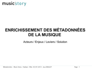 Page : 1Métadonnées – Music Story / Hadopi / Mila 03/07/2014 – JLuc BIAULET
ENRICHISSEMENT DES MÉTADONNÉES
DE LA MUSIQUE
Acteurs / Enjeux / Leviers / Solution
 