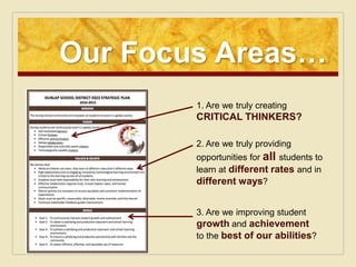 Our Focus Areas…
        1. Are we truly creating
        CRITICAL THINKERS?

        2. Are we truly providing
        opportunities for all students to
        learn at different rates and in
        different ways?


        3. Are we improving student
        growth and achievement
        to the best of our abilities?
 