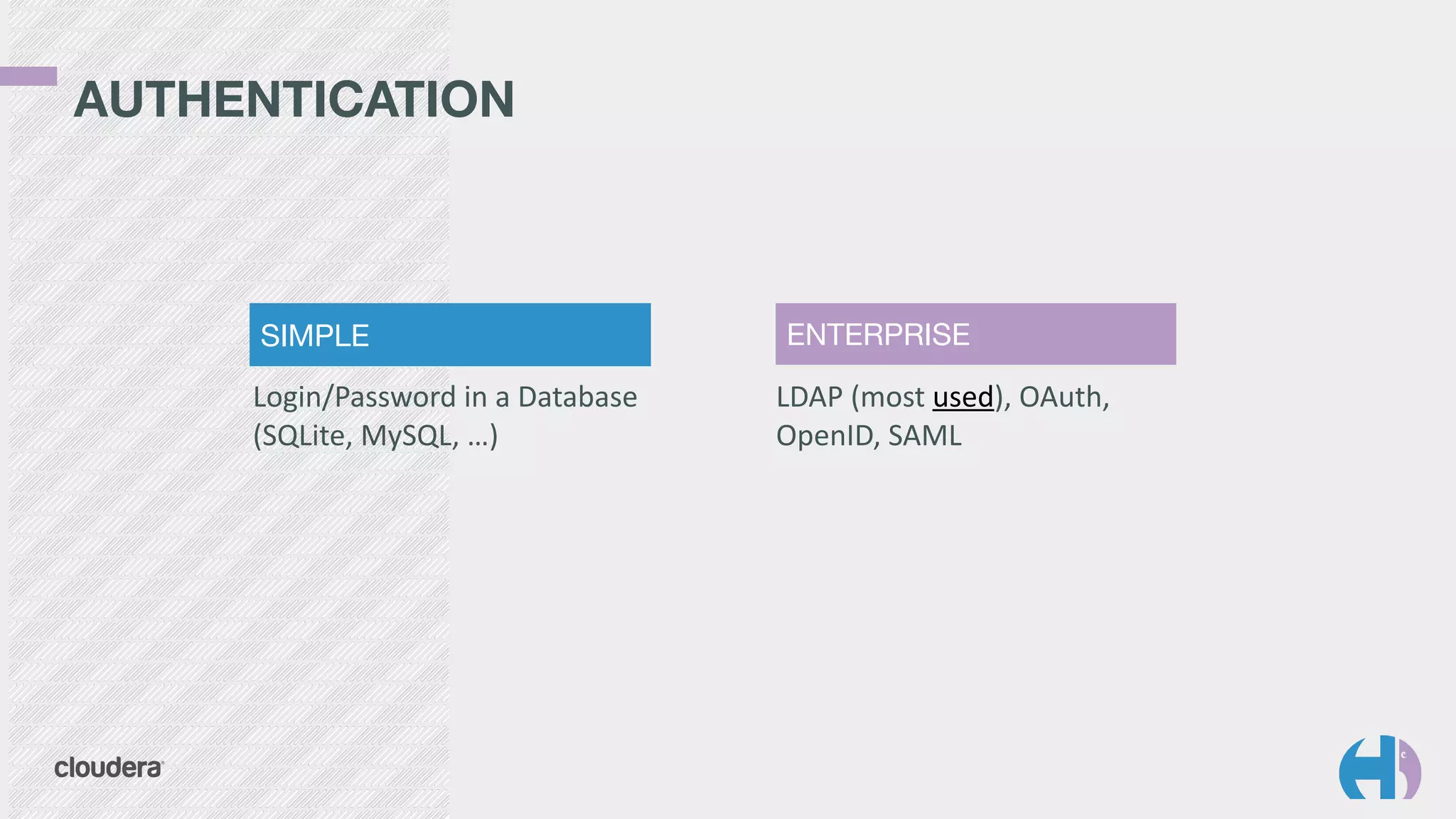 AUTHENTICATION 
SIMPLE ENTERPRISE 
Login/Password 
in 
a 
Database 
(SQLite, 
MySQL, 
…) 
LDAP 
(most 
used), 
OAuth, 
OpenID, 
SAML 
 