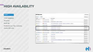 HIGH AVAILABILITY 
HOW 
2 
Hue 
instances 
HA 
proxy 
Mul9 
DB 
Performances: 
like 
a 
website, 
mostly 
RPC 
calls 
 