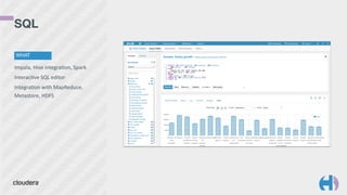 SQL 
WHAT 
Impala, 
Hive 
integra9on, 
Spark 
Interac9ve 
SQL 
editor 
Integra9on 
with 
MapReduce, 
Metastore, 
HDFS 
 