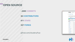 OPEN SOURCE 
~4000 COMMITS 
56 CONTRIBUTORS 
911 STARS 
337 FORKS 
! 
github.com/cloudera/hue 
 