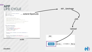 … extend SparkJob 
.scala 
sbt _/package 
JAR 
Upload 
APP 
LIFE CYCLE 
 
