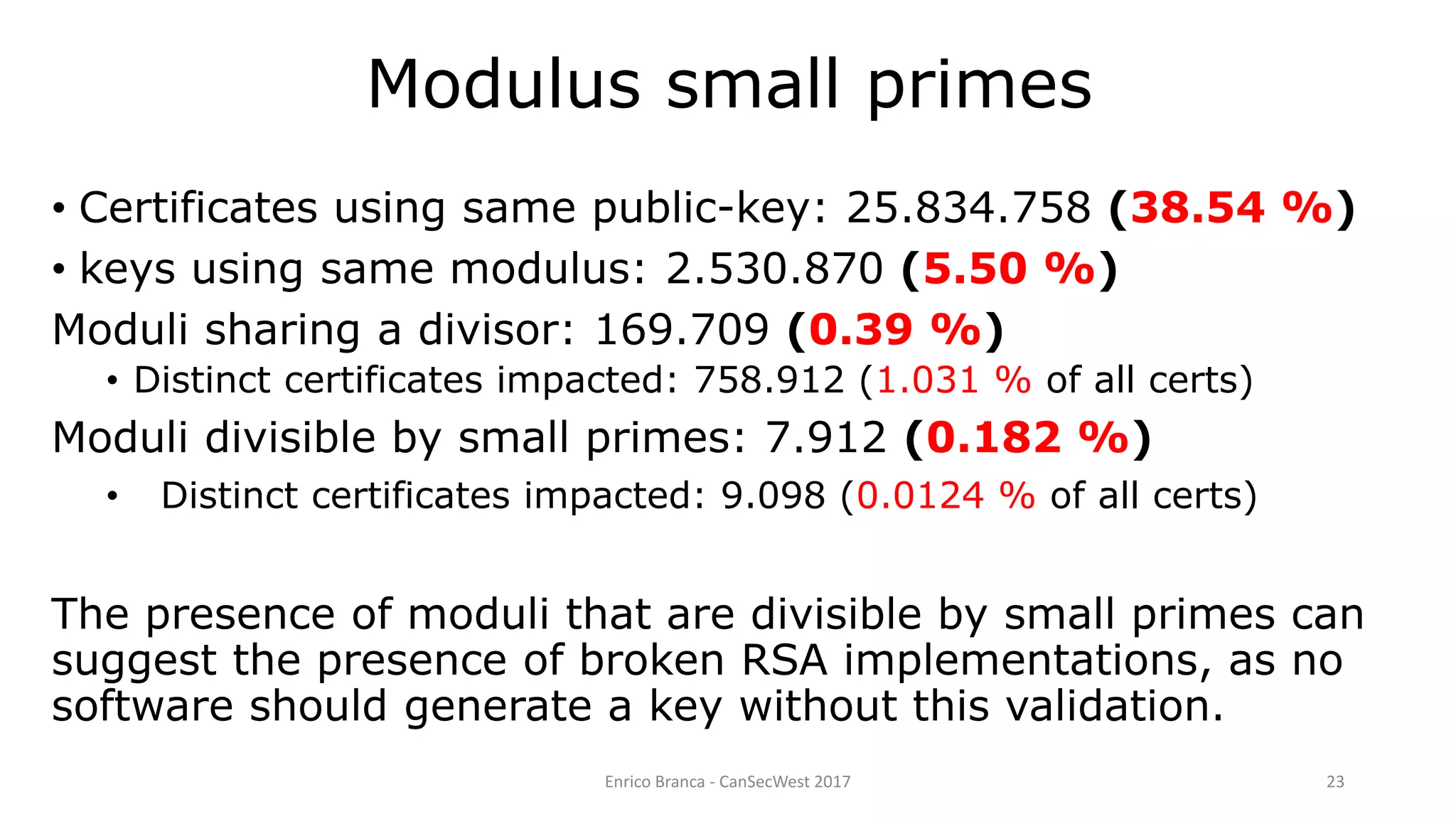 Enrico Branca - CanSecWest 2017 23
• Certificates using same public-key: 25.834.758 (38.54 %)
• keys using same modulus: 2.530.870 (5.50 %)
Moduli sharing a divisor: 169.709 (0.39 %)
• Distinct certificates impacted: 758.912 (1.031 % of all certs)
Moduli divisible by small primes: 7.912 (0.182 %)
• Distinct certificates impacted: 9.098 (0.0124 % of all certs)
The presence of moduli that are divisible by small primes can
suggest the presence of broken RSA implementations, as no
software should generate a key without this validation.
Modulus small primes
 
