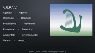 A.R.P.A.V.
Enrico Cabras – enrico.cabras@arpa.veneto.it
Agenzia - Agency
Regionale - Regional
Prevenzione - Prevention
Protezione - Protection
Ambientale - Environmental
Veneto - Veneto
 
