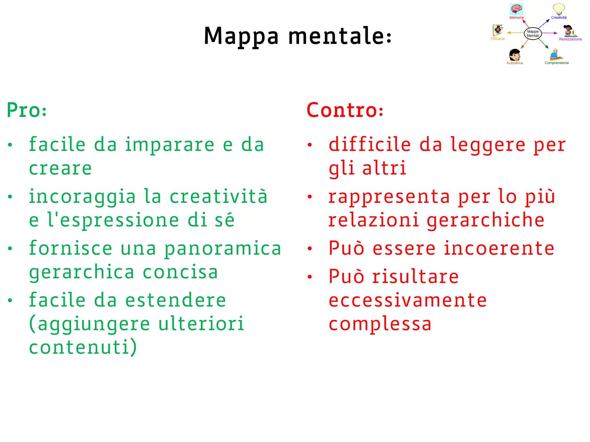 Mappa mentale:
Pro:
• facile da imparare e da
creare
• incoraggia la creatività
e l'espressione di sé
• fornisce una panoramica
gerarchica concisa
• facile da estendere
(aggiungere ulteriori
contenuti)
Contro:
• difficile da leggere per
gli altri
• rappresenta per lo più
relazioni gerarchiche
• Può essere incoerente
• Può risultare
eccessivamente
complessa
 
