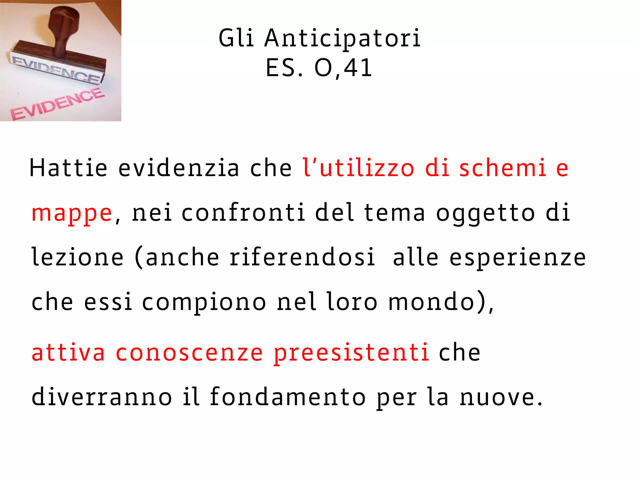 Gli Anticipatori
ES. O,41
Hattie evidenzia che l’utilizzo di schemi e
mappe, nei confronti del tema oggetto di
lezione (anche riferendosi alle esperienze
che essi compiono nel loro mondo),
attiva conoscenze preesistenti che
diverranno il fondamento per la nuove.
 