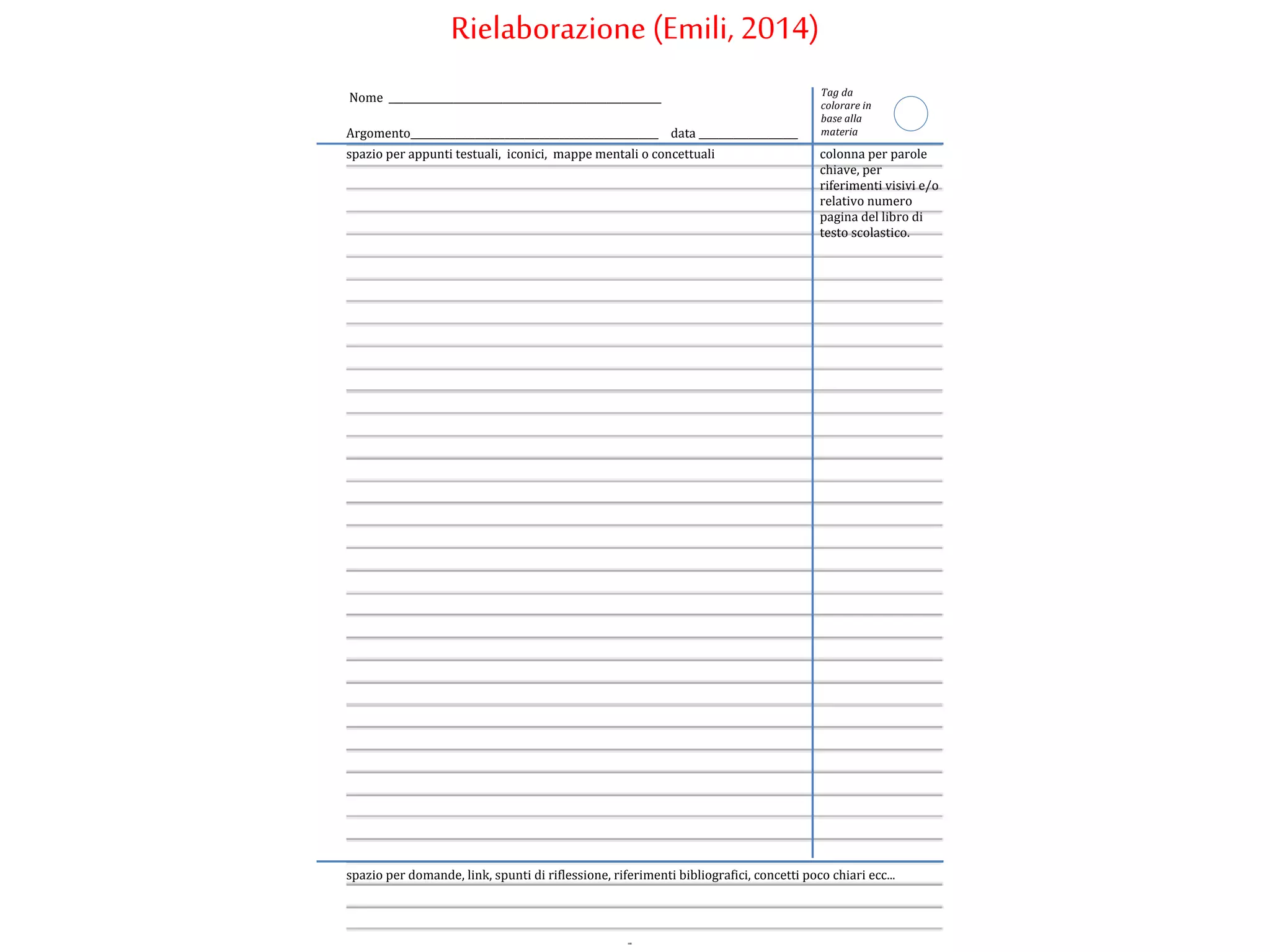 Argomento__________________________________________________ data ____________________
spazio per appunti testuali, iconici, mappe mentali o concettuali colonna per parole
chiave, per
riferimenti visivi e/o
relativo numero
pagina del libro di
testo scolastico.
spazio per domande, link, spunti di riflessione, riferimenti bibliografici, concetti poco chiari ecc...
Nome _______________________________________________________ Tag da
colorare in
base alla
materia
Rielaborazione (Emili, 2014)
 