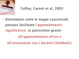 Coffey, Carnot et al, 2003
• Dimostrano come le mappe concettuali
possano facilitare l’apprendimento
significativo, in particolare grazie:
all’apprendimento attivo e
all’interazione con i docenti (feedback).
 