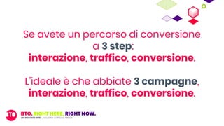 Se avete un percorso di conversione
a 3 step:
interazione, traffico, conversione.
L’ideale è che abbiate 3 campagne,
interazione, traffico, conversione.
 