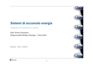 Sistemi di accumulo energia
Progetti ed iniziative in corso

Dott. Enrico Senatore
Responsabile Battery Storage – Terna Plus




Rimini, 09.11.2012




                                        1
 