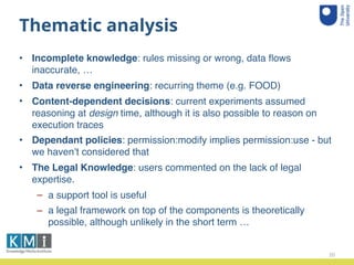 Thematic analysis
• Incomplete knowledge: rules missing or wrong, data ﬂows
inaccurate, …
• Data reverse engineering: recurring theme (e.g. FOOD)
• Content-dependent decisions: current experiments assumed
reasoning at design time, although it is also possible to reason on
execution traces
• Dependant policies: permission:modify implies permission:use - but
we haven’t considered that
• The Legal Knowledge: users commented on the lack of legal
expertise.
– a support tool is useful
– a legal framework on top of the components is theoretically
possible, although unlikely in the short term …
20
 