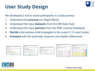User Study Design
We developed a tool to assist participants in a data journey:
1. Understand the process (on Rapid Miner)
2. Understand the input datasets (from the MK Data Hub)
3. Understand the input policies (from the RDF Licence Database)
4. Decide what policies shall propagate to the output (1-5 Likert scale)
5. Compare with the automatic reasoner and explain differences
8Feedback:	
  @enridaga	
  
 
