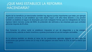 ¿QUE MAS ESTABLECE LA REFOMRA 
HACENDARIA? 
Aparte de los beneficios ya mencionados también hay algunos puntos importantes que tratar, por ejemplo 
la pensión universal, la cual establece que todo adulto mayor a 65 años tiene derecho a una pensión 
también se establece el seguro de desempleo para todo trabajador formal, para los trabajadores de menos 
ingresos habrá menores cuotas del IMSS. Se pretenden dar estímulos a las empresas para que contraten 
personas mayores de 65 años. 
Para fomentar la cultura verde se establecen impuestos al uso de plaguicidas y a las energías 
contaminantes, además se darán incentivos a quienes promuevan el uso de energías renovables. 
En la reforma también se aborda el tema de los productores agrícolas dejando en claro que los 
productores que generen menos de 10 mdp al año pagaran una tasa menor al 21%, la cual es menor que 
la normal. 
 