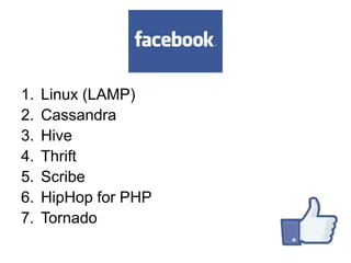 1. Linux (LAMP)
2. Cassandra
3. Hive
4. Thrift
5. Scribe
6. HipHop for PHP
7. Tornado
 