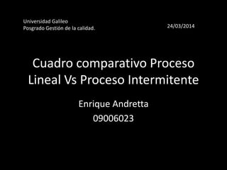 Cuadro comparativo Proceso
Lineal Vs Proceso Intermitente
Enrique Andretta
09006023
Universidad Galileo
Posgrado Gestión de la calidad. 24/03/2014
 