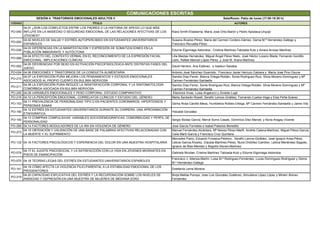 CÓDIGO TÍTULO AUTORES
PO-040
04.01 ¿SON LOS CONFLICTOS ENTRE LOS PADRES O LA HISTORIA DE APEGO LO QUE MÁS
INFLUYE EN LA ANSIEDAD O SEGURIDAD EMOCIONAL DE LAS RELACIONES AFECTIVAS DE LOS
JÓVENES?
Klara Smith-Etxeberria, María José Ortiz-Barón y Pedro Apodaca-Urquijo
PO-050
04.02 NIVELES DE SALUD Y ESTRÉS AUTOPERCIBIDO EN ESTUDIANTES UNIVERSITARIOS
ESPAÑOLES
Susana Álvarez-Pérez, María del Carmen Cordero-Gámez, Gema M.ª Hernández-Gallego y
Francisco Revuelta-Pérez
PO-028
04.03 DIFERENCIAS EN LA MANIFESTACIÓN Y EXPRESIÓN DE SOMATIZACIONES EN LA
POBLACIÓN INMIGRANTE Y AUTÓCTONA
Edurne Elgorriaga Astondoa , Cristina Martínez-Taboada Kutz y Ainara Arnoso Martínez
PO-068
04.04 EFECTO DEL CONTEXTO VERBAL EN EL RECONOCIMIENTO DE LA EXPRESIÓN FACIAL
EMOCIONAL: IMPLICACIONES CLÍNICAS
Lilia Mestas Hernández, Miguel Ángel Pérez Nieto, José Héctor Lozano Bleda, Fernando Gordillo
León, Rafael Manuel López Pérez, y José M. Arana Martínez
PO-002
04.05 DIFERENCIAS POR SEXO EN ACTIVACIÓN PSICOFISIOLÓGICA ANTE DISTINTAS FASES DEL
JUEGO
David Herrero, Ana Estévez, e Izaskun Sarabia
PO-024 04.06 EMOCIONES Y TRASTORNOS DE LA CONDUCTA ALIMENTARIA Antonio José Sánchez Guarnido, Francisco Javier Herruzo Cabrera y María José Pino Osuna
PO-210
04.07 LA EXPOSICIÓN PURA MEJORA LOS PENSAMIENTOS Y ESTADOS EMOCIONALES
ASOCIADOS AL PROPIO CUERPO EN BULIMIA NERVIOSA
Sandra Díaz-Ferrer, Blanca Ortega-Roldán, Sonia Rodríguez-Ruiz, Silvia Moreno-Domínguez y Mª
Carmen Fernández-Santaella
PO-211
04.08 LA EXPOSICIÓN PURA REDUCE LA INSATISFACCIÓN CORPORAL Y LA SINTOMATOLOGÍA
COMÓRBIDA ASOCIADA EN BULIMIA NERVIOSA
Sandra Díaz-Ferrer, Sonia Rodríguez-Ruiz, Blanca Ortega-Roldán, Silvia Moreno-Domínguez y Mª
Carmen Fernández-Santaella
PO-245 04.09 VARIABLES EMOCIONALES Y PESO CORPORAL: ESTUDIO COMPARATIVO Eleonora Vivas, Luisa Angelucci y Zoraide Lugli
PO-216 04.10 LA PERCEPCIÓN EMOCIONAL: CORRELATOS CLÍNICOS Y ESTUDIO DEL GÉNERO Marta Santarén-Rosell, Serafín Lemos-Giráldez, Fernando Cuetos-Vega y Elsa Peña-Suárez
PO-153
04.11 PREVALENCIA DE PERSONALIDAD TIPO D EN PACIENTES CORONARIOS, HIPERTENSOS Y
Gema Rosa Calvillo-Mesa, Humbelina Robles-Ortega, Mª Carmen Fernández-Santaella y Jaime Vila
COMUNICACIONES ESCRITAS
SESIÓN 4: TRASTORNOS EMOCIONALES ADULTOS II Sala/Room: Patio de luces (17.00-18.30 h)
PO-153
04.11 PREVALENCIA DE PERSONALIDAD TIPO D EN PACIENTES CORONARIOS, HIPERTENSOS Y
PERSONAS SANAS
Gema Rosa Calvillo-Mesa, Humbelina Robles-Ortega, Mª Carmen Fernández-Santaella y Jaime Vila
PO-190
04.12 ESTRÉS EN ESTUDIANTES UNIVERSITARIOS DURANTE SU CARRERA. UNA APROXIMACIÓN
ETNOGRÁFICA
Yetzabé González
PO-140
04.13 COMPRAS COMPULSIVAS: VARIABLES SOCIODEMOGRÁFICAS, COMORBILIDAD Y PERFIL DE
PERSONALIDAD
Sergio Bodas García; Mercè Soms Casals, Dominica Díez Marcet, y Núria Aragay Vicente
PO-295 04.14 FACTORES MODULADORES DE LA IRA EN VIOLENCIA DE GÉNERO Jose Garcia Fornieles e Isabel Palacios Benedito
PO-273
04.15 OBTENCIÓN Y VALIDACIÓN DE UNA BASE DE PALABRAS AFECTIVAS RELACIONADAS CON
LA MUERTE Y EL SUFRIMIENTO
Manuel Fernández-Alcántara, Mª Nieves Pérez-Marfil, Andrés Catena-Martínez, Miguel Pérez-García,
Celia Martí-García y Francisco Cruz Quintana
PO-133 04.16 FACTORES PSICOLÓGICOS Y EXPERIENCIA DEL DOLOR EN UNA MUESTRA HOSPITALARIA
Mercedes Paino, Eduardo Fonseca-Pedrero, Serafín Lemos-Giráldez, José Ignacio Arias-Pérez,
Leticia García-Álvarez, Claudia Martínez-Pérez, Nuria Ordóñez-Camblor, Leticia Menéndez-Sagüés,
Ignacio de Blas-Méndez y Begoña Alonso-Martinez
PO-074
04.17 EL AJUSTE PSICOSOCIAL Y LA SATISFACCIÓN CON LA VIDA EN JÓVENES MIGRANTES EN
PISOS DE EMANCIPACIÓN
Gabriela Nicolae, Cristina Martínez Taboada-Kutz y Edurne Elgorriaga Astondoa
PO-075 04.18 TEORÍAS LEGAS DEL ESTRÉS EN ESTUDIANTES UNIVERSITARIOS ESPAÑOLES
Francisco J. Atienza-Martín, Luisa M.ª Rodríguez-Fernández, Lucas Domínguez-Rodríguez y Gema
M.ª Hernández-Gallego
PO-141
04.19 CÓMO AFECTA LA VIOLENCIA FILIO-PARENTAL A LA ESTABILIDAD EMOCIONAL DE LOS
PROGENITORES
Estefanía Lema Moreira
PO-319
04.20 CAPACIDAD EXPLICATIVA DEL ESTRÉS Y LA RECUPERACIÓN SOBRE LOS NIVELES DE
ANSIEDAD Y DEPRESIÓN EN UNA MUESTRA DE MUJERES DE MEDIANA EDAD
Borja Matías Pompa, Jose Luis González Gutiérrez, Almudena López López y Miriam Alonso
Fernández
 