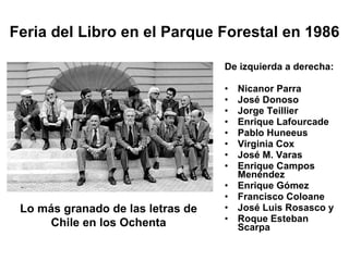 Feria del Libro en el Parque Forestal en 1986 <ul><li>De izquierda a derecha: </li></ul><ul><li>Nicanor Parra </li></ul><u...