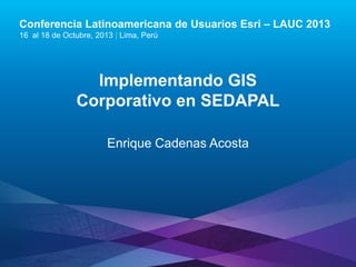 Conferencia Latinoamericana de Usuarios Esri – LAUC 2013
16 al 18 de Octubre, 2013 | Lima, Perú

Implementando GIS
Corporativo en SEDAPAL
Enrique Cadenas Acosta

Esri LAUC13

 