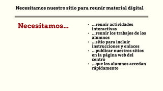 Necesitamos nuestro sitio para reunir material digital
Necesitamos... ▪ ...reunir actividades
interactivas
▪ ...reunir los trabajos de los
alumnos
▪ ...sitio para incluir
instrucciones y enlaces
▪ ...publicar nuestros sitios
en la página web del
centro
▪ ...que los alumnos accedan
rápidamente
 